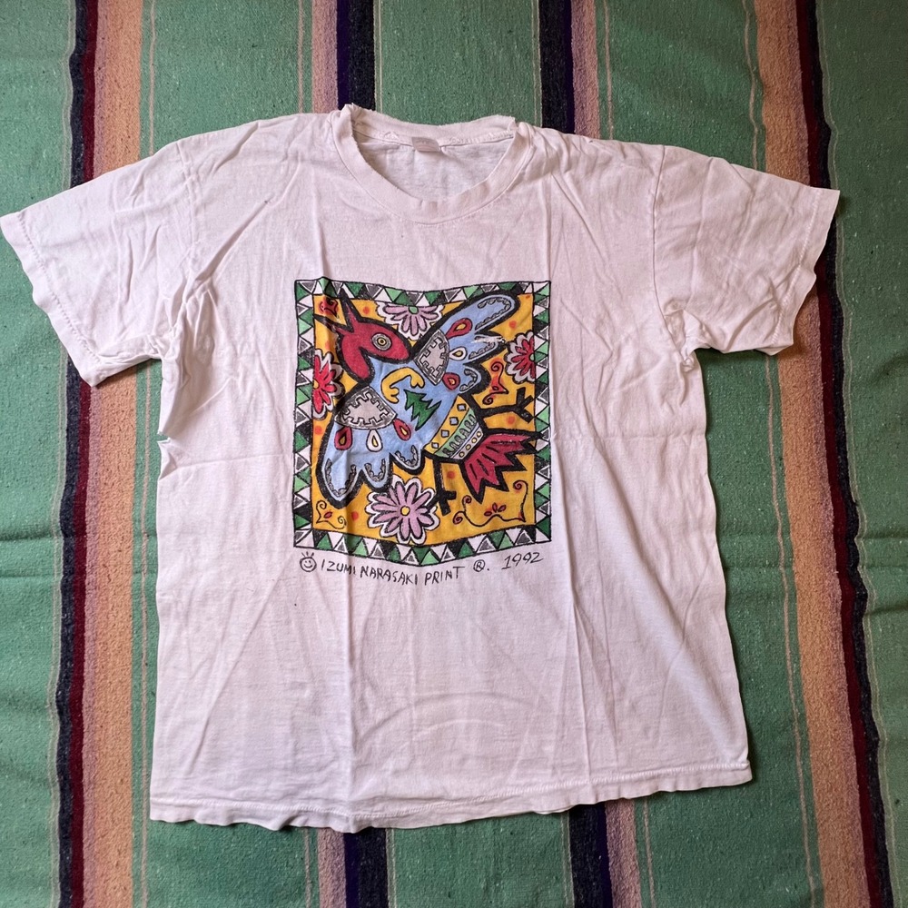 Vintage 1992 Izumi Narasaki Print Bird Folk Art Shirt Unisex L White Distressed